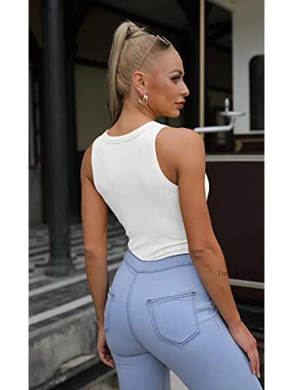 Sleeveless Ribbed Knit Tank Top Slim Fit High Neck Racerback Summer Basic Cami